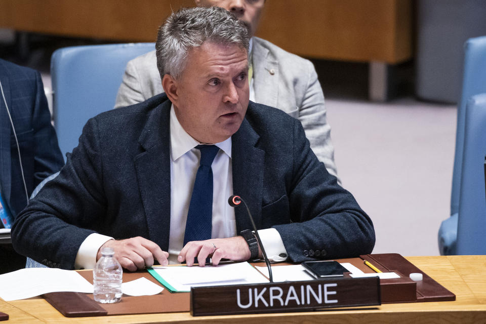 Sergiy Kyslytsya, permanent representative of Ukraine to the United Nations, speaks during the UN Security Council meeting to discuss the maintenance of peace and security of Ukraine, Friday, July 21, 2023, at United Nations headquarters. (AP Photo/Eduardo Munoz Alvarez)