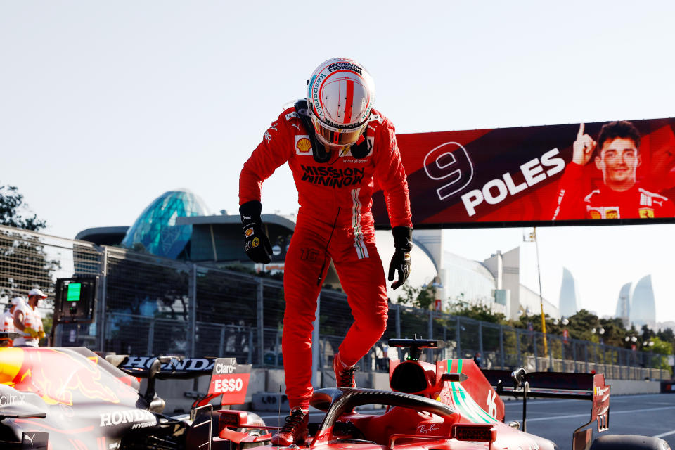 BAKU, AZERBAIJAN - JUNE 05: Pole position qualifier Charles Leclerc of Monaco and Ferrari climbs out of his car in parc ferme during qualifying ahead of the F1 Grand Prix of Azerbaijan at Baku City Circuit on June 05, 2021 in Baku, Azerbaijan. (Photo by Maxim Shemetov - Pool/Getty Images)