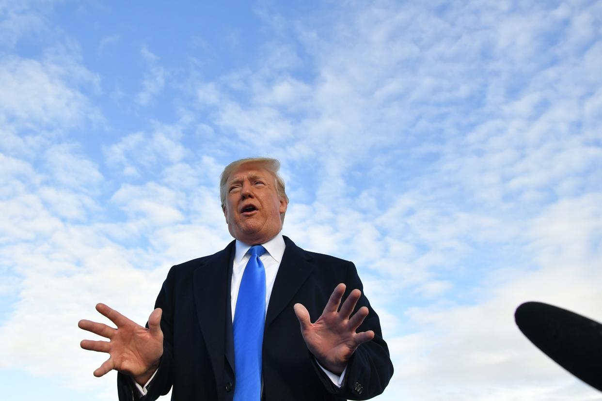 US President Donald Trump speaks to medias before boarding Air Force One at Shannon Airport in Shannon, Ireland, on June 6, 2019 and fly to Normandy, France, to attend the 75th D-Day Anniversary. (Photo by MANDEL NGAN / AFP)        (Photo credit should read MANDEL NGAN/AFP/Getty Images)
