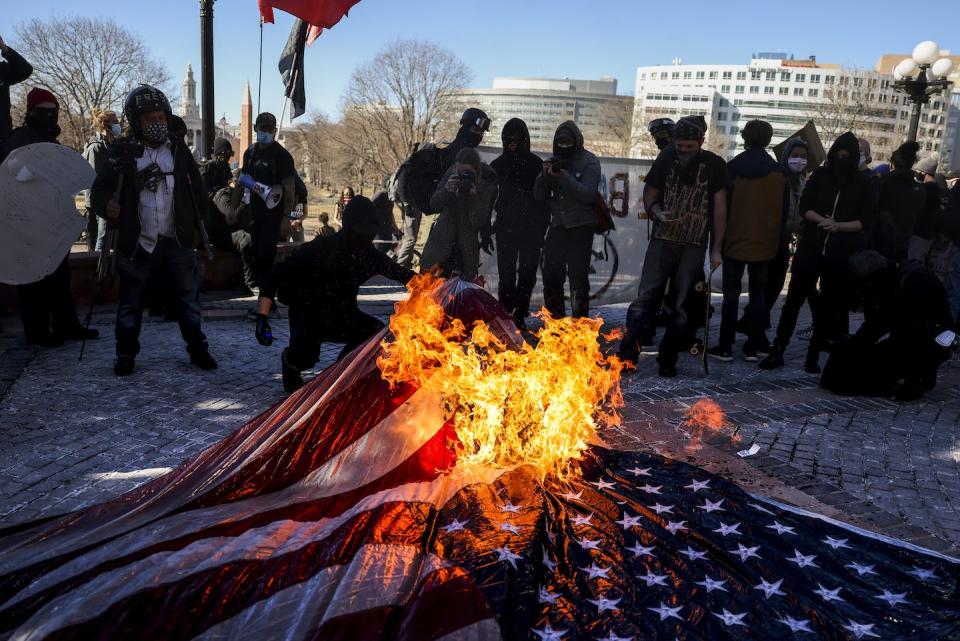 It may be upsetting to see – but that’s part of the point of burning a flag, and a key reason it’s protected by the First Amendment. <a href="https://www.gettyimages.com/detail/news-photo/members-of-the-communist-party-usa-and-other-anti-fascist-news-photo/1230698352" rel="nofollow noopener" target="_blank" data-ylk="slk:Michael Ciaglo/Getty Images;elm:context_link;itc:0;sec:content-canvas" class="link ">Michael Ciaglo/Getty Images</a>