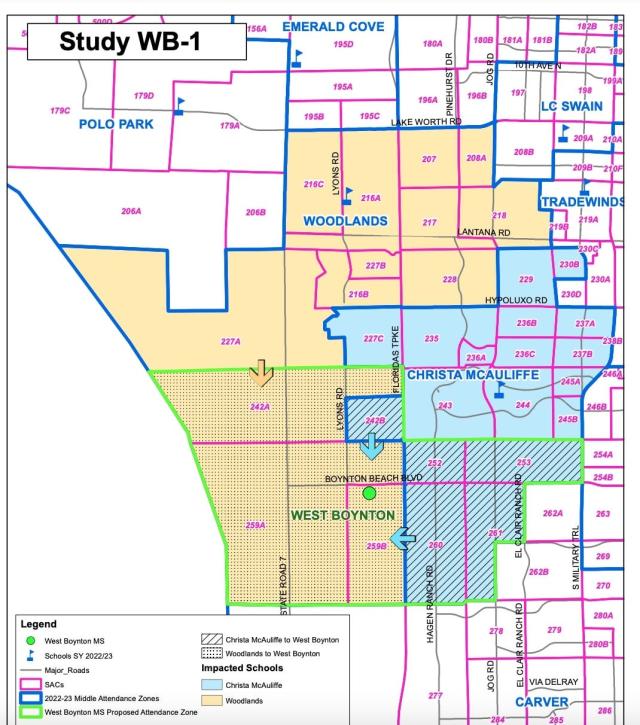 A boundary map shows which students will attend West Boynton Middle School starting in fall 2023.