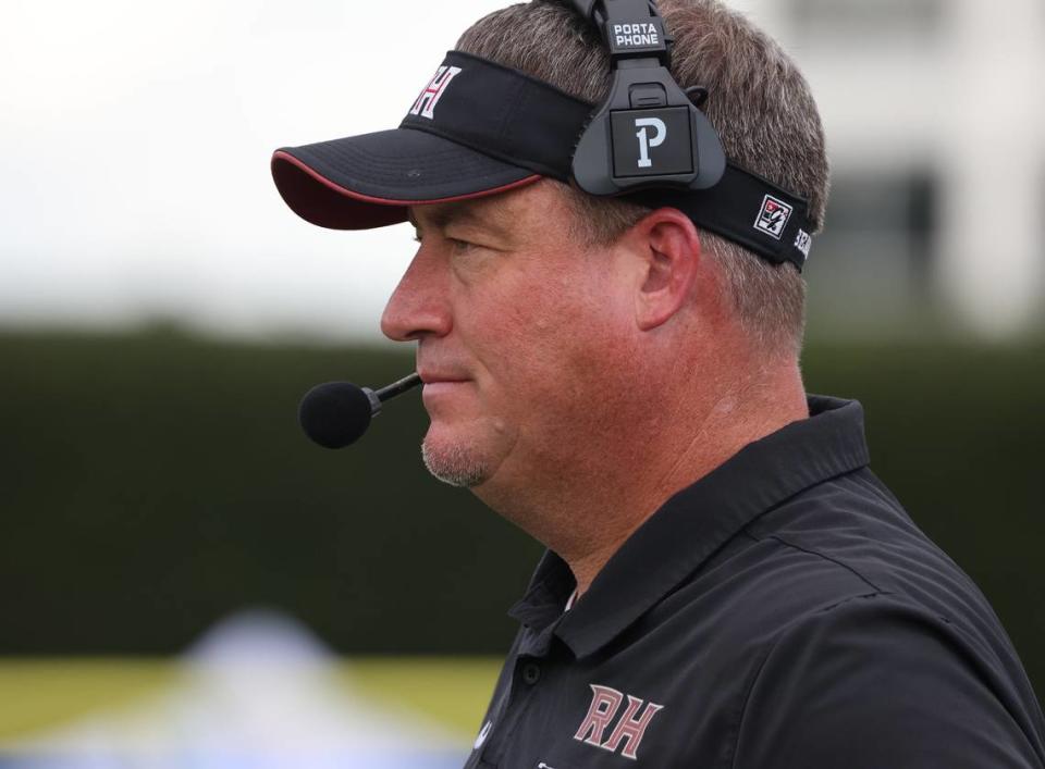 Rock Hill High School football coach Bubba Pittman watches his team play on Friday, Aug. 11, 2023.