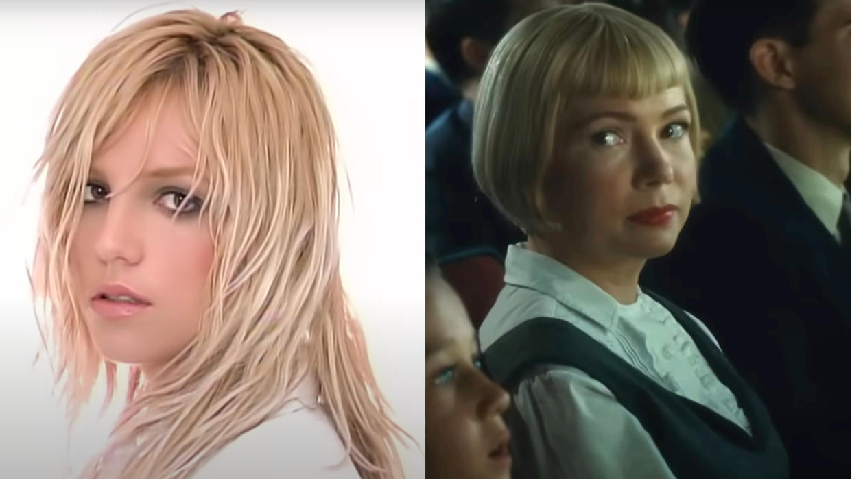  Britney Spears in the music video for Everytime and Michelle Williams in The Fablemans, pictured side by side. 