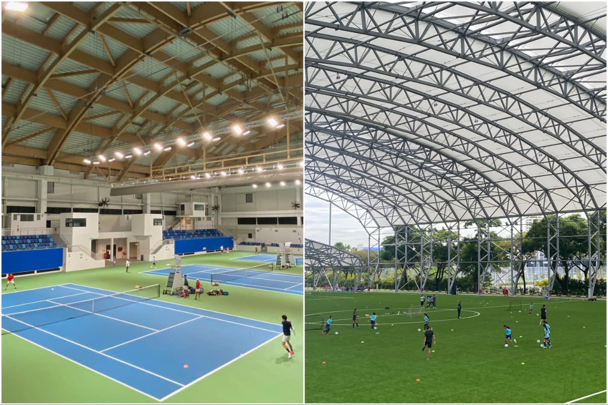 The roofs on the Kallang Tennis Hub (left) and the Kallang Football Hub. (PHOTOS: Chia Han Keong/Yahoo News Singapore)