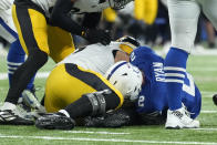 Pittsburgh Steelers' Chris Wormley (95) recovers a fumble by Indianapolis Colts quarterback Matt Ryan (2) during the second half of an NFL football game, Monday, Nov. 28, 2022, in Indianapolis. (AP Photo/AJ Mast)