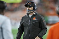 Cleveland Browns head coach Kevin Stefanski looks on during the first half of an NFL football game against the Denver Broncos, Thursday, Oct. 21, 2021, in Cleveland. (AP Photo/Ron Schwane)