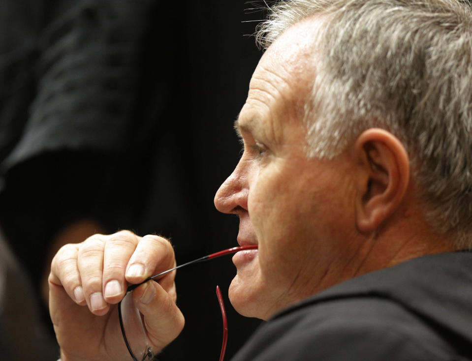 Lawyer for Oscar Pistorius, Barry Roux, in court on the second day of Pistorius' trial at the high court in Pretoria, South Africa, Tuesday, March 4, 2014. Pistorius is charged with murder for the shooting death of his girlfriend, Reeva Steenkamp, on Valentines Day in 2013. (AP Photo/Kim Ludbrook, Pool)
