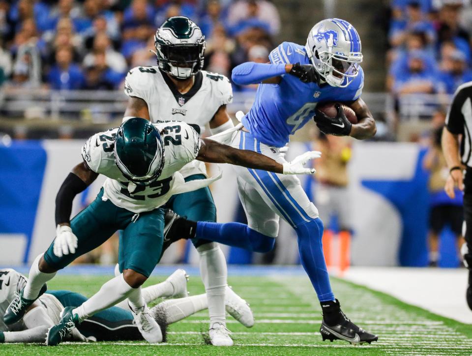 Detroit Lions receiver DJ Chark makes a catch against Philadelphia Eagles safety C.J. Gardner-Johnson (23) during the second half at Ford Field, Sept. 11, 2022.