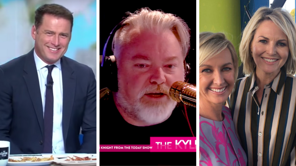 Shock jock Kyle Sandilands has attempted to ruffle some feathers between Karl Stefanovic and his former colleagues, Georgie Gardner and Deborah Knight. Source: Nine / KIIS FM