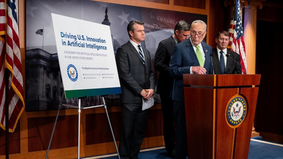 PHOTO: Senate Majority Leader Chuck Schumer, flanked by the Bipartisan Senate AI Working Group Sen. Todd Young, Sen. Martin Heinrich, and Sen. Mike Rounds, holds a news conference in the U.S. Capitol, in Washington, D.C., on May 15, 2024.  (Bill Clark/CQ Roll Call via Newscom)