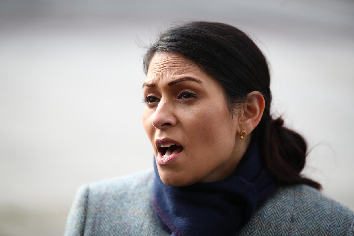 Home Secretary Priti Patel speaks to the media, whilst on patrol with Metropolitan Police officers in central London, to hear about about Covid enforcement. Picture date: Monday January 18, 2021. (Photo by Aaron Chown/PA Images via Getty Images)