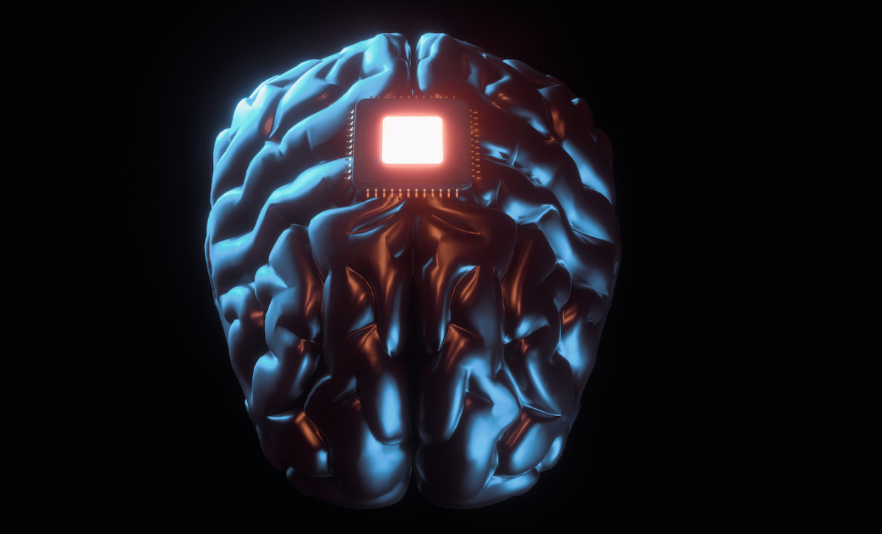 <span class="caption">Présentation du produit Neuralink à San Francisco, le 28 août 2020. Illustration 3D de l'interface cerveau-ordinateur. </span> <span class="attribution"><a class="link " href="https://www.shutterstock.com/fr/image-illustration/san-francisco-usa-august-28-2020-1804403533" rel="nofollow noopener" target="_blank" data-ylk="slk:Aleksandra Sova/Shutterstock;elm:context_link;itc:0;sec:content-canvas">Aleksandra Sova/Shutterstock</a></span>