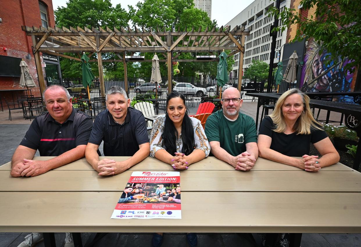 Participants in this year's summer session of Worcester Restaurant Week include, from left, Cal Dolan of Scruffy Murphys, Ednardo Cardoso of Two Chefs, Natalie Rodriguez of Nuestra, and Patrick Clancy and Andrea Dunne of Worcester Beer Garden.