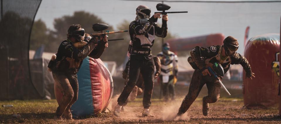 Los Angeles Infamous teammates Thomas Taylor, left, Brett Messer, middle, and Jonah Jamroz, right, compete at the Mid-Atlantic Major in Philadelphia. The team enters the NXL 2021 World Cup Championships of Paintball event in second place for the season.