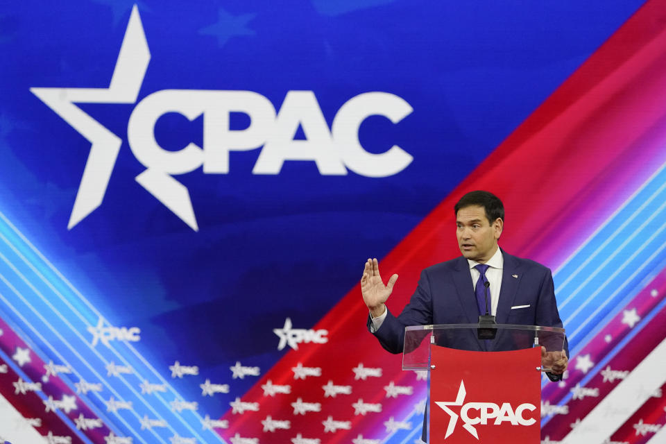 Sen. Marco Rubio, R-Fla., speaks at the Conservative Political Action Conference (CPAC) Friday, Feb. 25, 2022, in Orlando, Fla. (AP Photo/John Raoux)