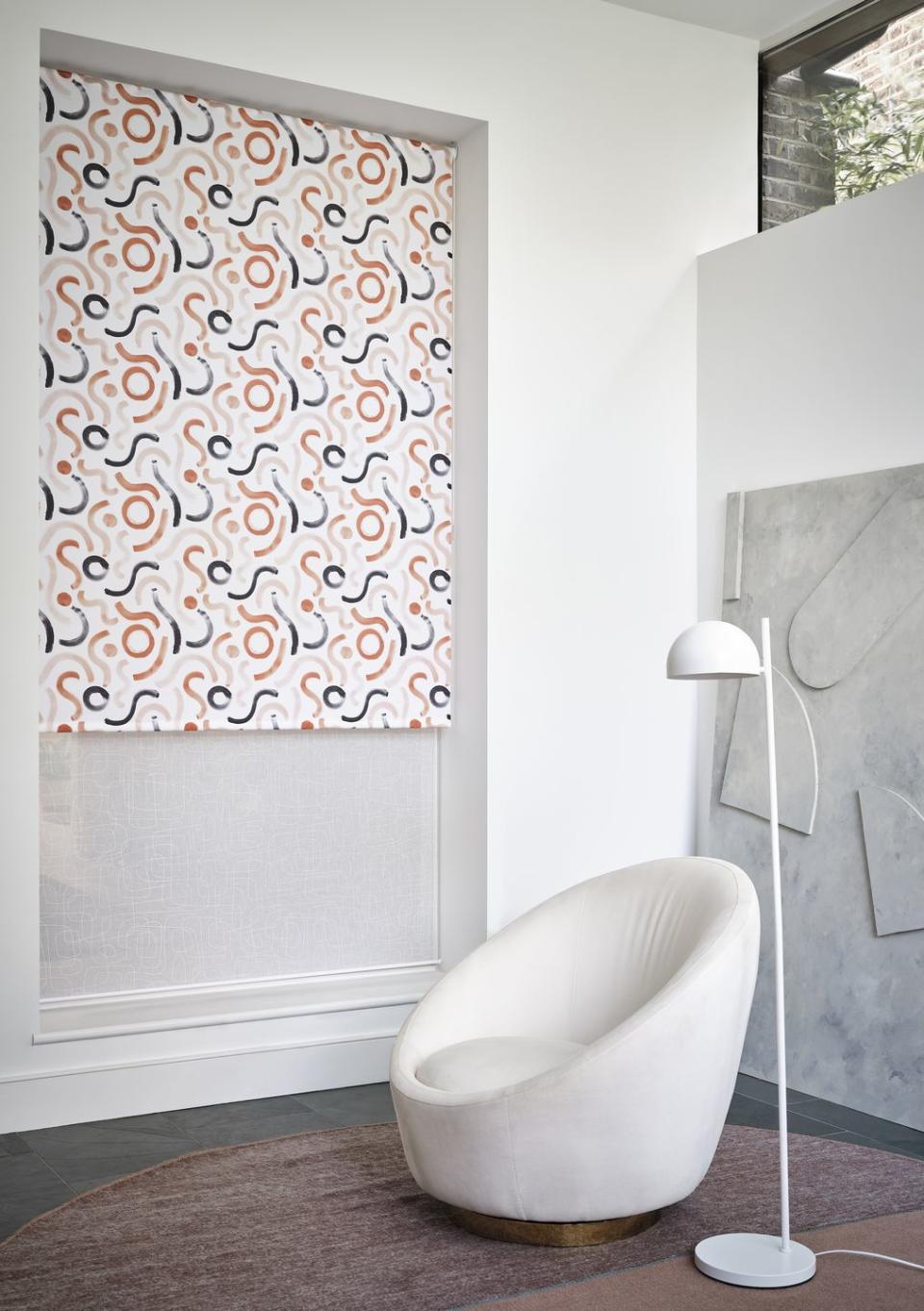 <p>Speaking of layering, Namah Mist and Doodle Jaffa have both been used here for a tailored look. Doodle Jaffa is a fun, fresh fabric that's a little bit retro. The thick, swirly watercolour effect brushstrokes in tonal orange and grey will bring an energised quality to a room for an instant uplift. </p><p><a class="link " href="https://www.hillarys.co.uk/products/doodle-jaffa-roller-blind/" rel="nofollow noopener" target="_blank" data-ylk="slk:Order a sample and request an appointment;elm:context_link;itc:0;sec:content-canvas">Order a sample and request an appointment</a></p>