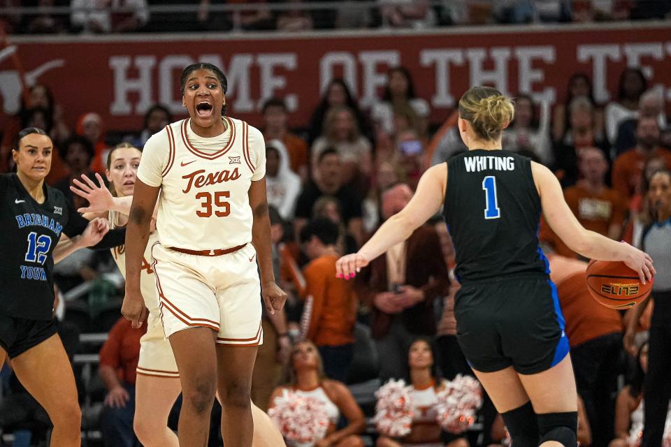 Texas point guard Madison Booker shouts instructions to teammates during Saturday's 71-46 win over BYU at Moody Center. The Longhorns will be the No. 2 seed in the Big 12 Tournament in Kansas City.