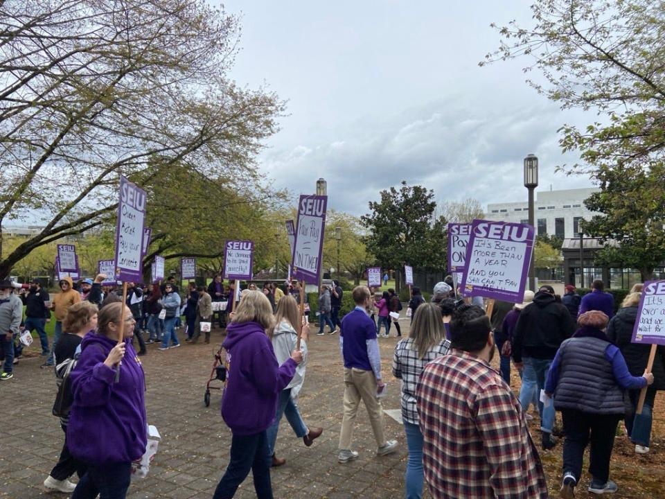 Members of SEIU 503 picket on April 4 in protest of ongoing issues with the state's new payroll system that rolled out 15 months ago.