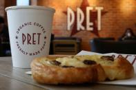 FILE PHOTO: A coffee and a pastry are seen on a table inside a Pret A Manger store in Liverpool