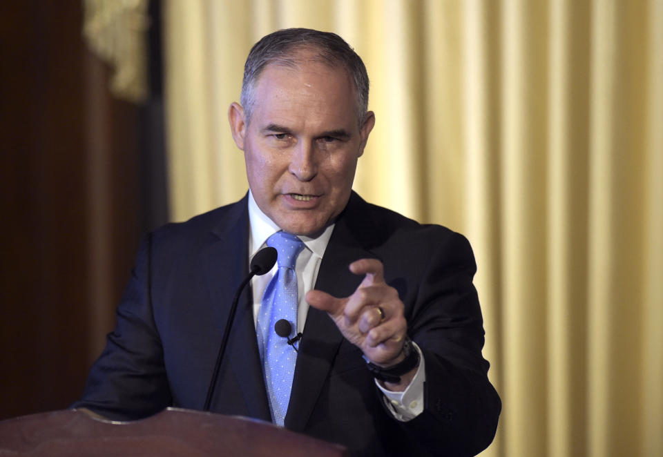 <p> FILE - In this Feb. 21, 2017, file photo, Environmental Protection Agency (EPA) Administrator Scott Pruitt speaks to employees of the EPA in Washington. Sen. Sheldon Whitehouse filed an ethics complaint on April 25 against EPA Administrator Scott Pruitt over a planned May 5 appearance as the keynote speaker at the Oklahoma Republican Party's annual gala dinner. The Rhode Island Democrat says that would violate the Hatch Act, which limits the political activities of executive branch employees. (AP Photo/Susan Walsh, File) </p>