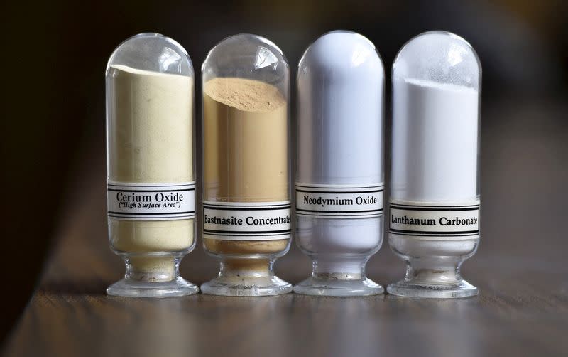 Samples of rare earth minerals, Cerium oxide, Bastnasite, Neodymium oxide and Lanthanum carbonate are on display during a tour of Molycorp's Mountain Pass Rare Earth facility in Mountain Pass, California