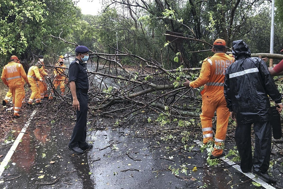 National Disaster Response Force personnel clearing fallen trees from a road in Alibag town of Raigad district following cyclone Nisarga landfall in India's western coast. (Photo by - / National Disaster Response Force (NDRF) / AFP)