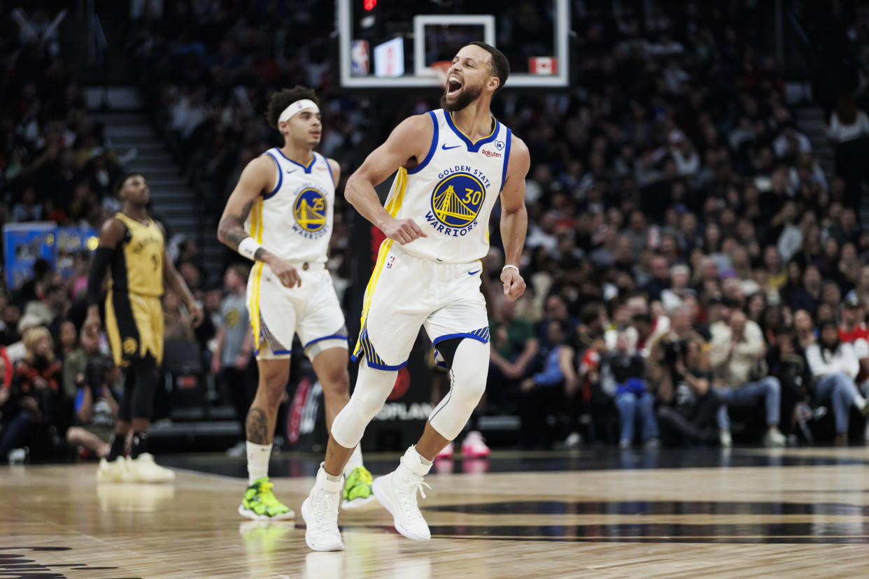 TORONTO, CANADA - MARCH 1: Stephen Curry #30 of the Golden State Warriors reacts against the Toronto Raptors in the first half of their NBA game at Scotiabank Arena on March 1, 2024 in Toronto, Canada.  NOTE TO USER: User expressly acknowledges and agrees that, by downloading and or using this photograph, User is consenting to the terms and conditions of the Getty Images License Agreement. (Photo by Cole Burston/Getty Images)