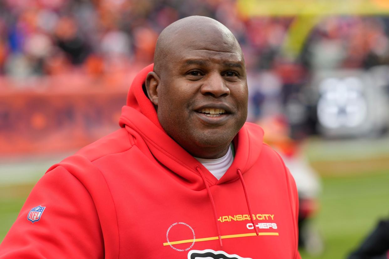 Kansas City Chiefs offensive coordinator Eric Bieniemy is shown before an NFL football game against the Denver Broncos, Saturday, Jan. 8, 2022, in Denver. Passed over innumerable times for head jobs over the past few seasons, Eric Bieniemy is again a hot commodity as the Chiefs prepare for a divisional-round matchup with the Bills on Sunday night. (AP Photo/David Zalubowski)