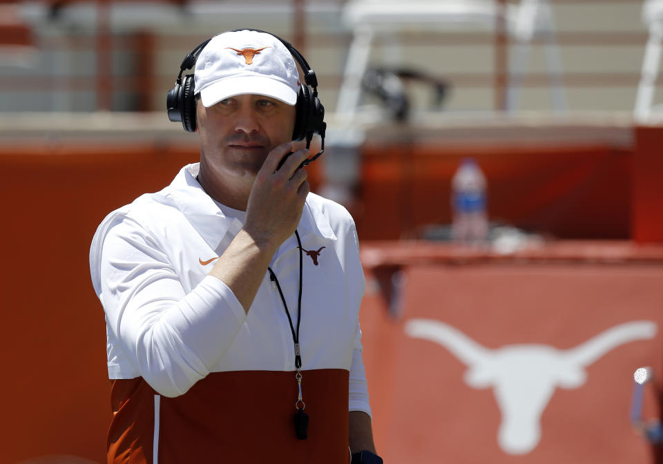 AUSTIN, TX - APRIL 24: University of Texas Long Horns head coach Steve Sarkisian walks off the field during the spring football game on April 24, 2021, at Darrell K Royal - Texas Memorial Stadium in Austin, TX. (Photo by Adam Davis/Icon Sportswire via Getty Images)