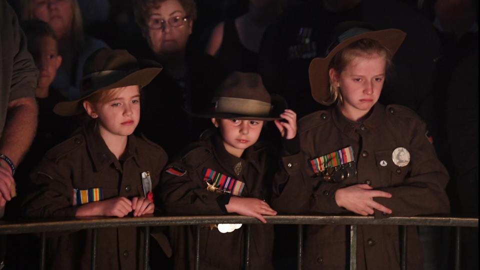 Thosands, including children, are at Melbourne’s Shrine of Remembrance for the dawn service. Source: AAP