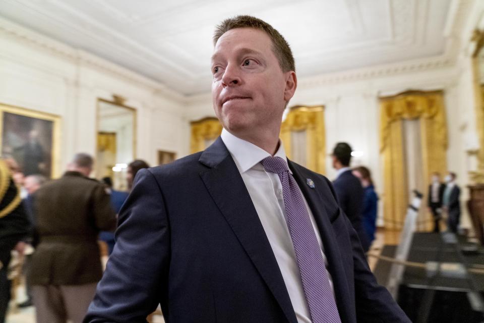 FILE - Former deputy national security adviser Matthew Pottinger departs after President Donald Trump awarded the Medal of Honor to Army Sgt. Maj. Thomas P. Payne in the East Room of the White House, Sept. 11, 2020, in Washington. Pottinger and Sarah Matthews will be the key witnesses at the House Jan. 6 committee's prime-time hearing on July 21, as the panel examines what Trump was doing as his supporters broke into the Capitol. (AP Photo/Andrew Harnik, File)