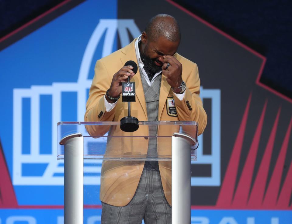 Former Oakland Raider and Green Bay Packer Charles Woodson broke down in tears giving his speech during the Pro Football Hall of Fame Enshrinement ceremony Sunday, Aug. 8, 2021 at Tom Benson Hall of Fame Stadium in Canton, Ohio.
