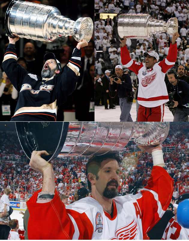 New Hockey Hall of Fame inductees Scott Niedermayer, top left, Chris Chelios, top right, and Brendan Shanahan, bottom, have 10 Stanley Cup rings between them.