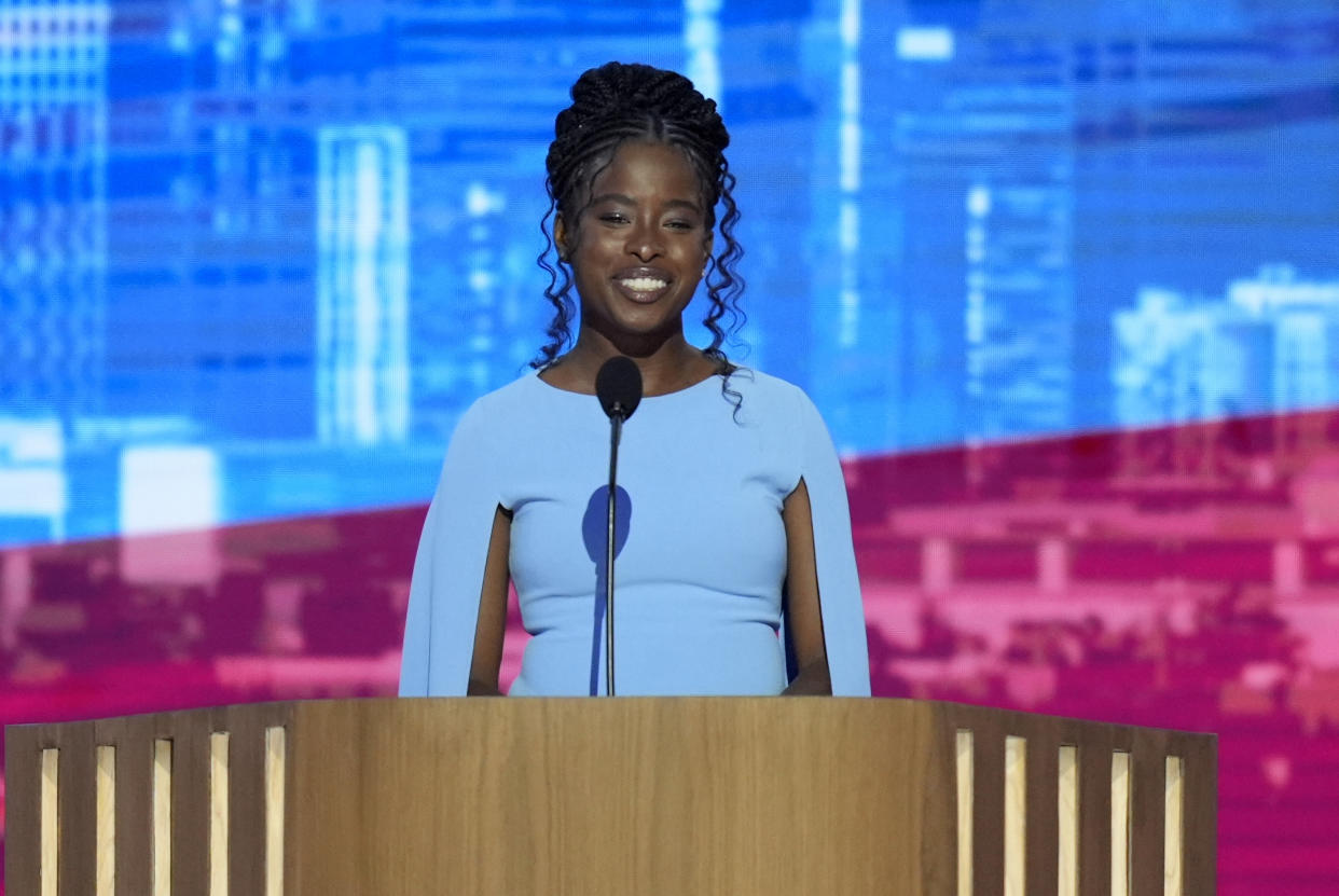 Amanda Gorman, National Youth Poet Laureate, recites a poem during the Democratic National Convention Wednesday, Aug. 21, 2024, in Chicago. (AP Photo/J. Scott Applewhite)