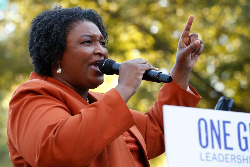 Democratic candidate running for governor Stacey Abrams at a rally in downtown Athens, Ga., on Wednesday, Oct. 19, 2022. Abrams and Athens Mayor Kelly Girtz encouraged those in attendance to vote early.