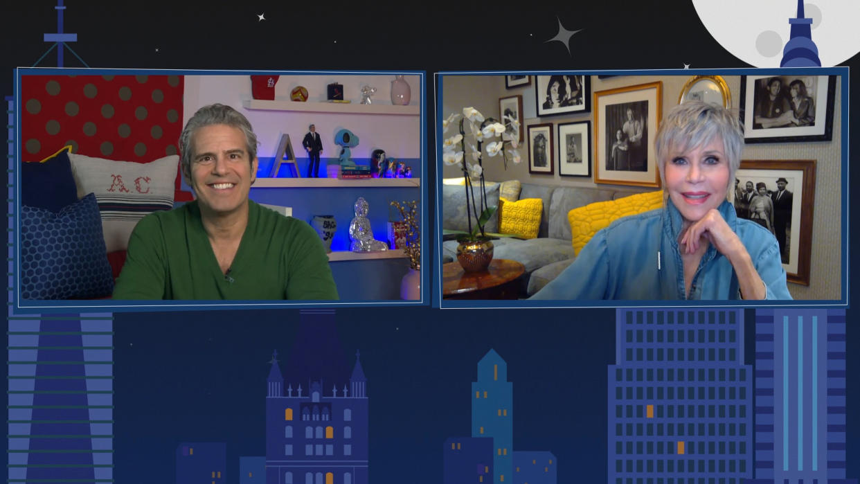 WATCH WHAT HAPPENS LIVE WITH ANDY COHEN @ HOME -- Episode 17146 -- Pictured in this screen grab: (l-r) Andy Cohen, Jane Fonda -- (Photo by: Bravo/NBCU Photo Bank via Getty Images)