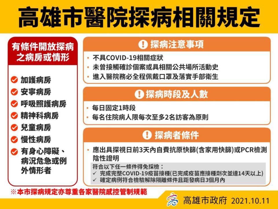 ▲高市宣布即日起有條件開放部分病房，每名住院人限2訪客。（圖／高市府提供）