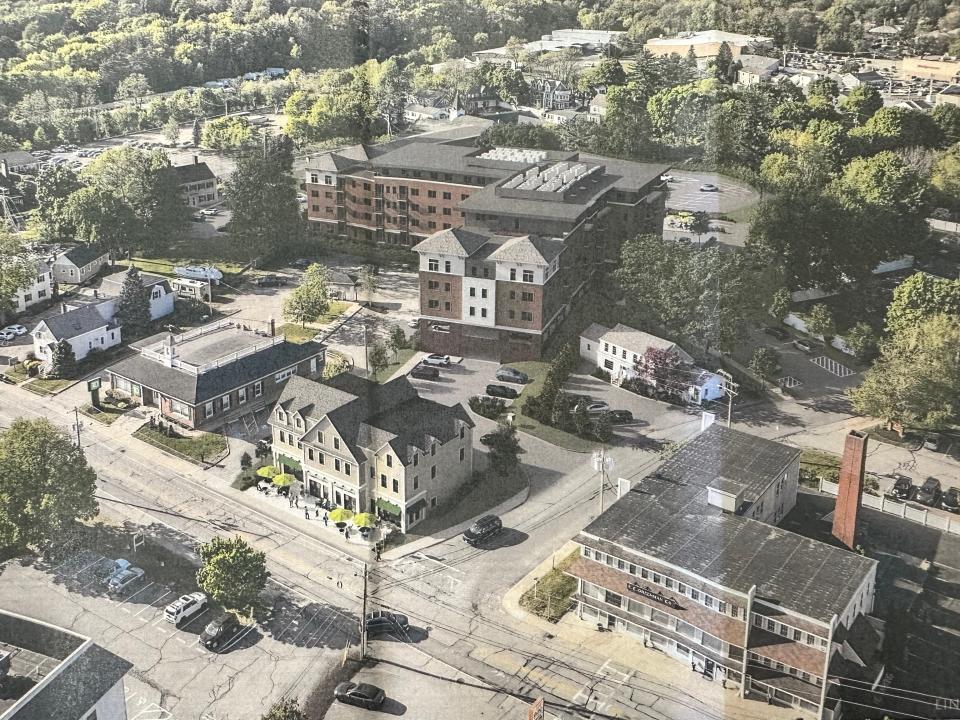 Three-dimensional renderings of Al Fleury's proposed multi-use development on Route 1, High Street and Dearborn Avenue. The project would bring 94 apartments to downtown Hampton.
