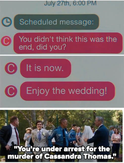 Ryan receiving pre scheduled messages from Cassie and Al getting arrested at his wedding reception on "Promising Young Woman"