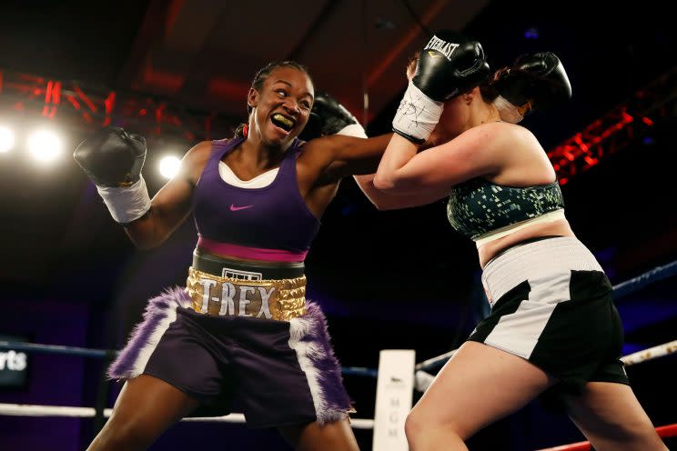 Two-time Olympic gold medalist Claressa Shields (L) will fight Nikki Adler for the WBC and IBF women’s super middleweight title on Aug. 4 at the MGM Grand in Detroit. (Getty Images)