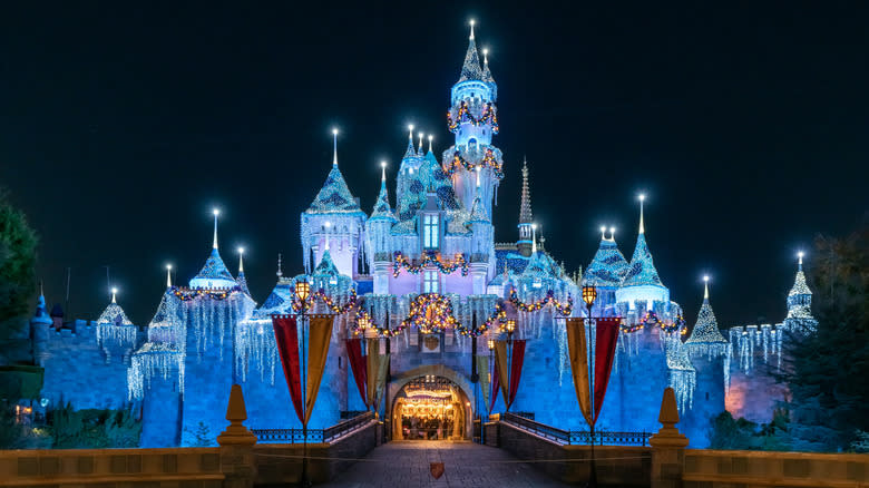 Disneyland castle decorated for the holidays