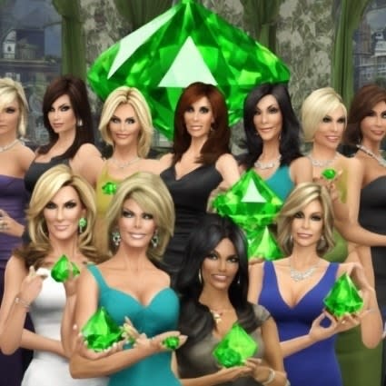 Nine Sims characters styled after the cast of The Real Housewives, posing with large green plumbob crystals