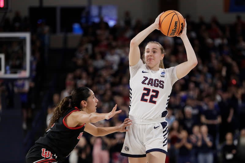 Gonzaga guard Brynna Maxwell (22) controls the ball while pressured by Utah guard Ines Vieira during the first half of a second-round college basketball game in the NCAA Tournament in Spokane, Wash., Monday, March 25, 2024. | Young Kwak