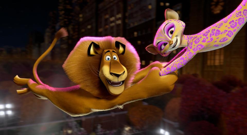 This film image released by DreamWorks Animation shows, Alex the Lion, voiced by Ben Stiller, left, and Gia the Jaguar, voiced by Jessica Chastain, in a scene from "Madagascar 3: Europe's Most Wanted." (AP Photo/DreamWorks Animation - Paramount Pictures)