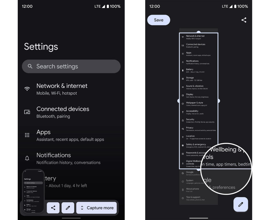 Two screenshots showing how the scrolling screenshot feature in the third Android 12 beta will work. The first screenshot shows an image of the Settings page with a thumbnail on the bottom left and options for sharing, editing and 