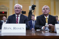 Jeffrey Rosen, former acting Attorney General, left, and Richard Donoghue, former acting Deputy Attorney General, arrive as the House select committee investigating the Jan. 6 attack on the U.S. Capitol continues to reveal its findings of a year-long investigation, at the Capitol in Washington, Thursday, June 23, 2022. (AP Photo/Jacquelyn Martin)