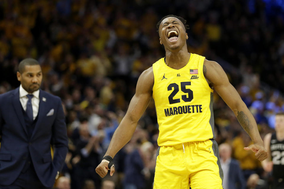 Marquette's Koby McEwen (25) reacts during the second half of an NCAA college basketball game against Butler, Sunday, Feb. 9, 2020, in Milwaukee. (AP Photo/Aaron Gash)