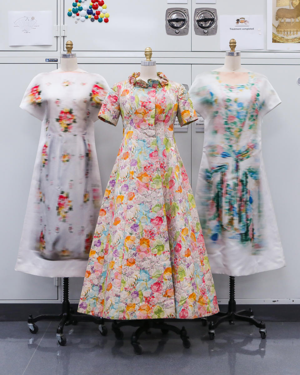 The Met Costume Institute Preview. The nature theme will be seen in this Nina Ricci dress (center) and two Loewe ones by J.W. Anderson.