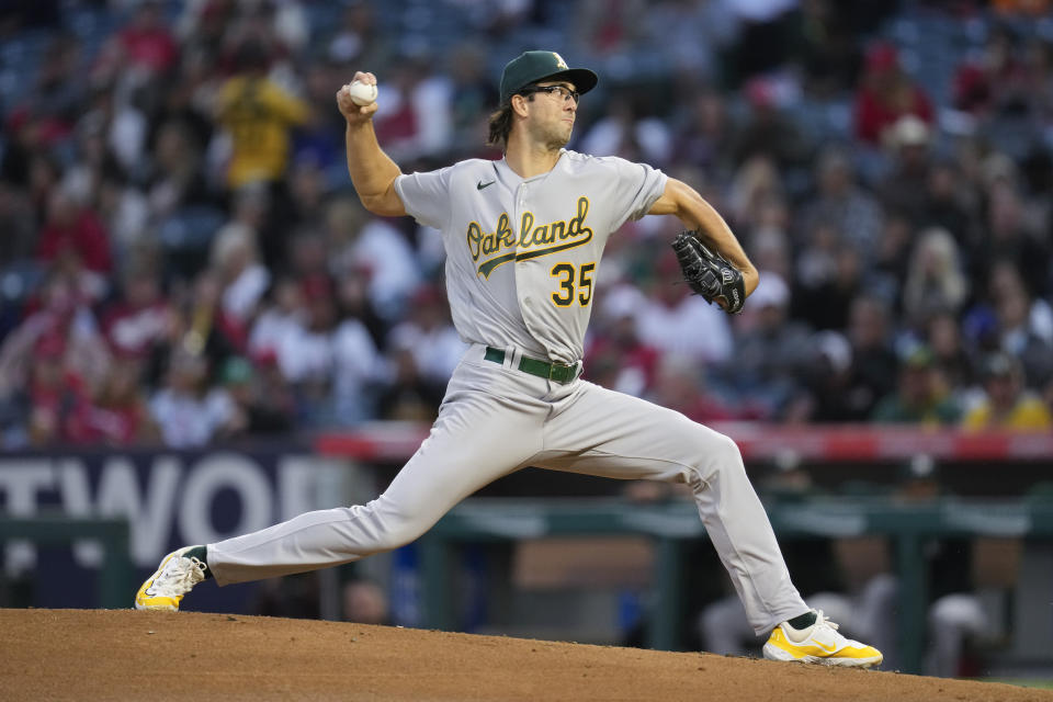 Oakland Athletics starting pitcher Joe Boyle (35) throws during the first inning of a baseball game against the Los Angeles Angels in Anaheim, Calif., Saturday, Sept. 30, 2023. (AP Photo/Ashley Landis)