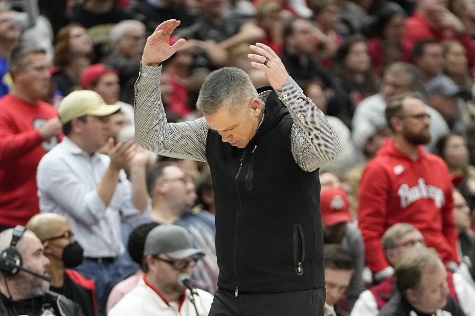 Jan 5, 2023; Columbus, OH, USA;  Ohio State Buckeyes head coach Chris Holtmann reacts during the second half of the NCAA men's basketball game against the Purdue Boilermakers at Value City Arena. Purdue won 71-69. Mandatory Credit: Adam Cairns-The Columbus Dispatch